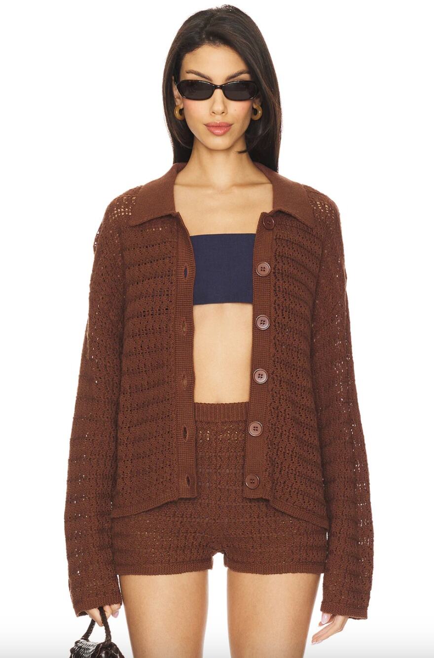 Tularosa | NWT Fabiana Button Down Sweater in Chocolate Brown Crochet Cardigan L